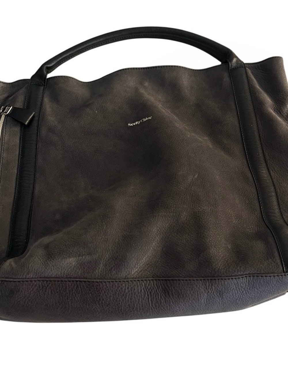 SEE by CHLOE Harriet Hobo Tote Charcoal Grey Nubuck Leather 2 Handles - Picture 4 of 12